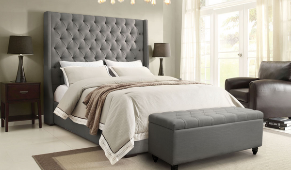 (Item Discontinued) 5th Avenue Eastern King Tufted Bed with Vintage Wing in Grey Linen 87 x 89 x 69